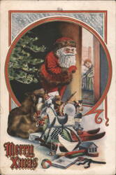 Santa Claus with Christmas Tree and Toys, Merry Xmas Greeting Postcard