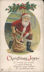 Santa Claus Kneeling with Sack of Toys, Christmas Joys Greeting Postcard