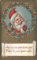 Santa Claus in Holly Wreath with "Joy to your household" Greeting Postcard