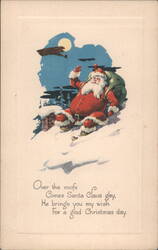 Santa Claus on a Snowy Rooftop with Biplane, Christmas Greeting Postcard