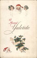 Merry Yuletide with Santa Claus, Girls & Holly Postcard