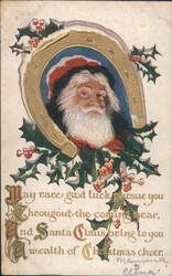 Santa Claus in Lucky Horseshoe with Holly & Berries, Christmas Good Luck Greeting Postcard