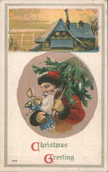 Santa Claus with Christmas Tree, Doll, and Snowy Cabin Postcard