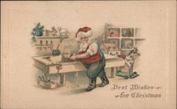 Santa Claus in Workshop Making Toys, Best Wishes for Christmas Postcard