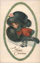 A Happy Christmas Girl in Large Fur Hat with Holly Postcard