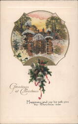 Greetings at Christmas, Snowy Gate & House, Bells & Holly Postcard