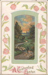 Shepherd, Sheep, and Dog on Path at Sunset with Tulips, Easter Greeting Postcard
