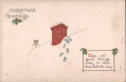 Christmas Greetings with Snowy Chimney, Holly, and Festive Message Postcard