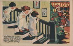 Children Sneaking Down Stairs to See Santa Claus & Christmas Tree Postcard
