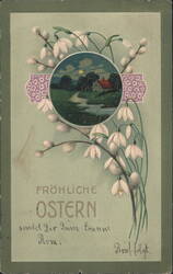 FRÖHLICHE OSTERN: Snowdrops, Pussy Willows, Moonlit Cottage Scene Postcard