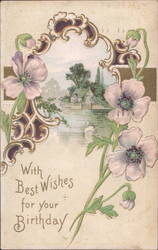 Art Nouveau Birthday Greeting with Pink Flowers & Lakeside Scene Postcard