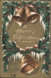 A Merry Christmas with Bells, Holly, Berries, and Icicles Postcard