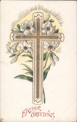 Easter Greetings Cross with White Flowers and Radiant Light Postcard