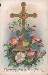 Easter Joy's Be Thine Golden Cross with Pink Morning Glories Postcard