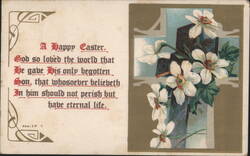 Happy Easter Greeting with Cross and White Flowers, John 3:16 Postcard