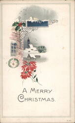 A Merry Christmas Greeting with Poinsettias, Holly, and Snowy Village Postcard