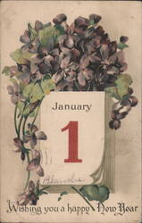 January 1 New Year's Greeting with Violets and Calendar Page Postcard
