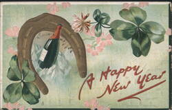 A Happy New Year with Horseshoe, Champagne, and Four-Leaf Clovers Postcard