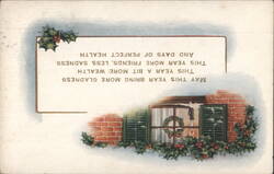 Christmas and New Year's Greeting with Holly and Window Wreath Postcard