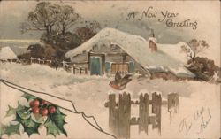 Snowy Cottage with Robin & Holly - A New Year Greeting Postcard