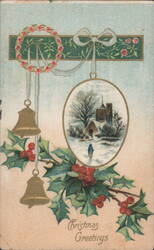 Christmas Greetings with Bells, Holly, and Winter Church Scene Postcard