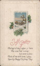 Joyful Greetings Winter Scene with Snow-Covered House & Holly Postcard