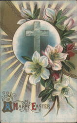 Happy Easter Greeting with Cross, Rays of Light, and White Flowers Postcard