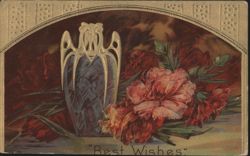 Art Nouveau Vase with Carnations and 'Best Wishes' Greeting Postcard