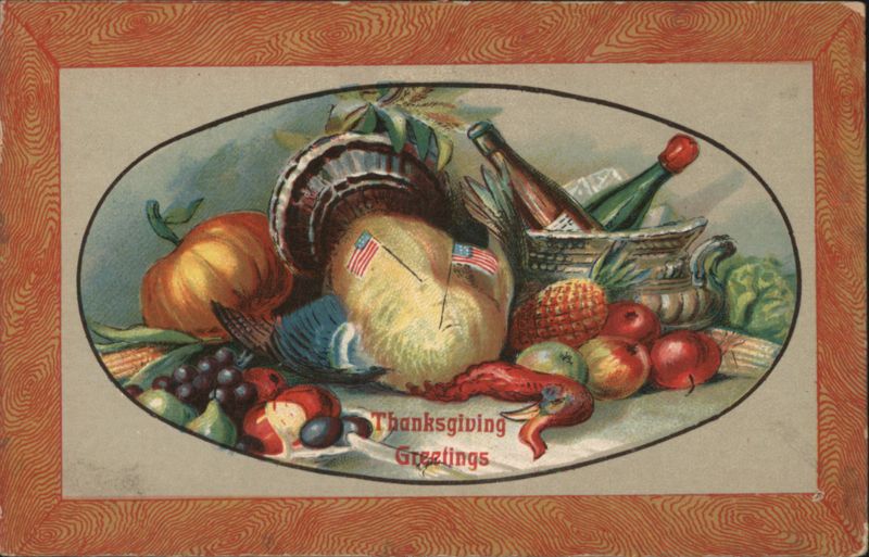 Thanksgiving Greetings Still Life with Turkey, Pumpkin, Fruit & Wine