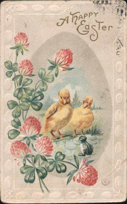 A Happy Easter Greeting with Ducklings, Frog, and Clover Flowers