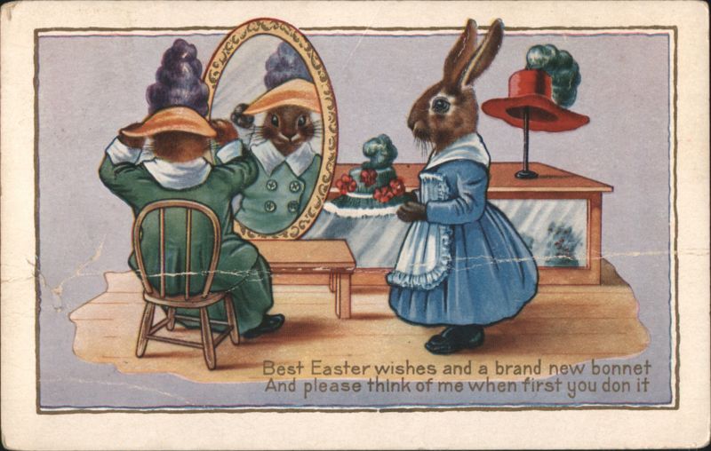 Dressed Bunnies Trying on Hats in Mirror with Easter Wishes