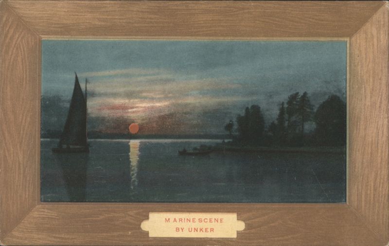 Marine Scene at Sunset with Sailboat and Shoreline Trees