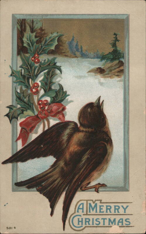 Bird with Holly & Berries, Snowy Landscape - A Merry Christmas