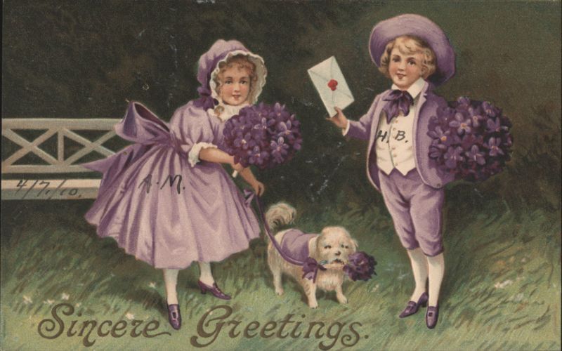 Children and Dog in Purple with Flowers, Sincere Greetings