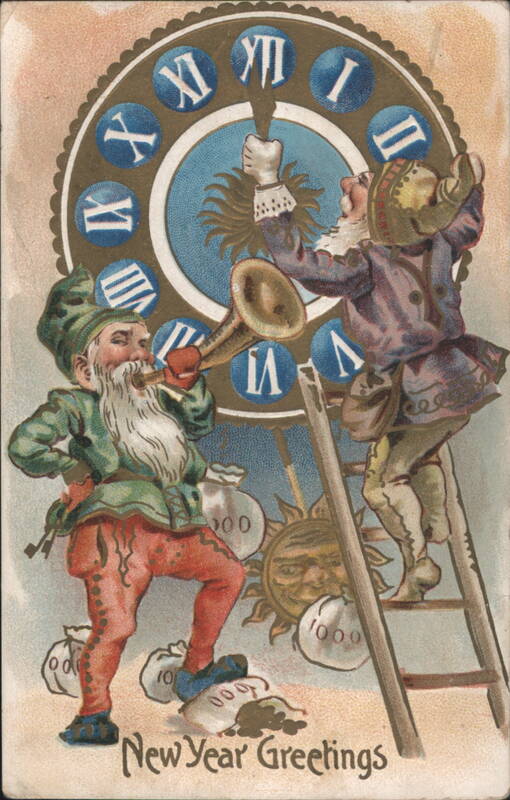 New Year Greetings Gnomes Ringing in the New Year on a Clock