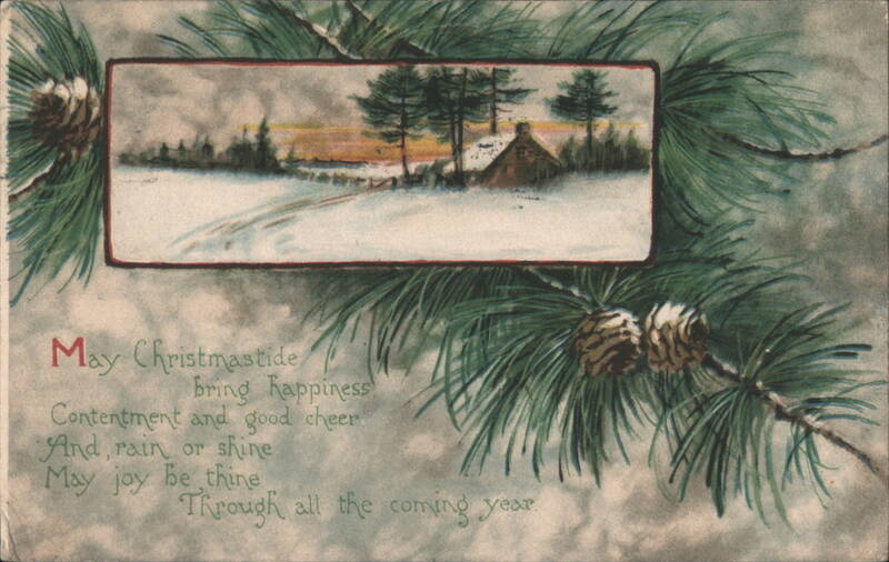 Christmas Greeting, Winter Landscape with Pine Branches and Cabin