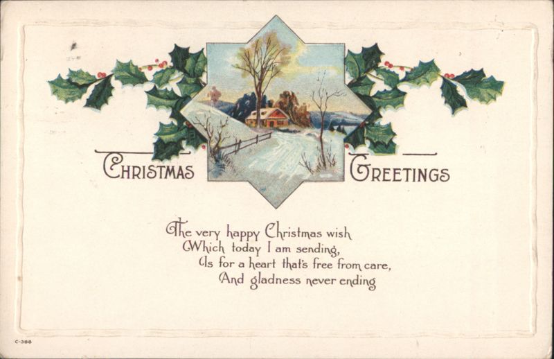 Christmas Greetings Winter Scene with House, Snow, and Holly