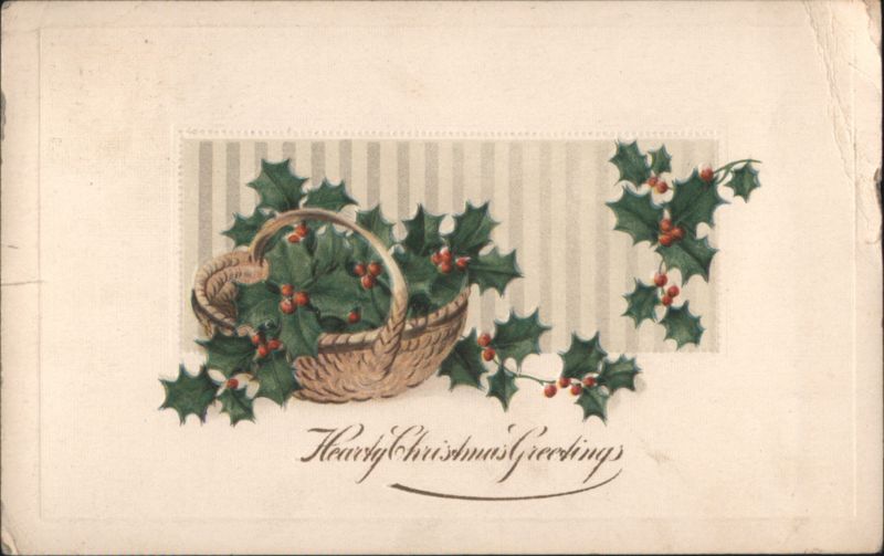 Hearty Christmas Greetings with Holly and Basket