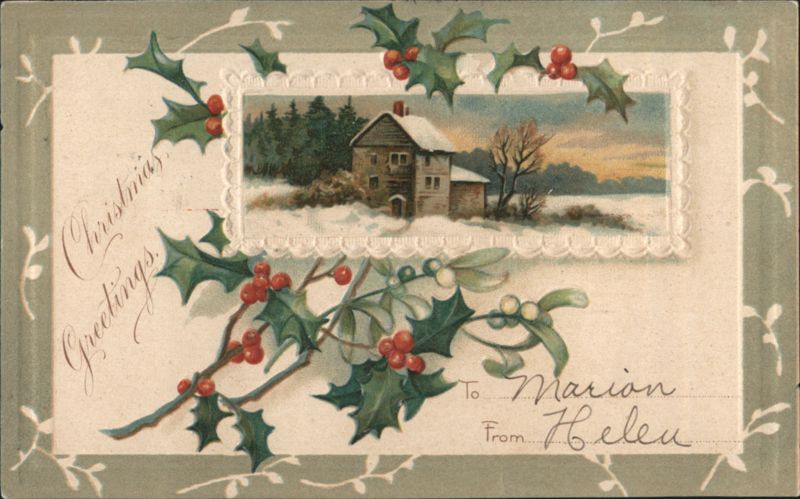 Christmas Greetings Winter House Scene with Holly and Mistletoe
