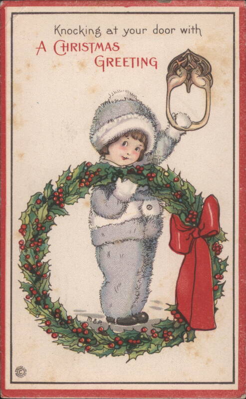 Knocking at Your Door with a Christmas Greeting, Child in Fur Suit, Holly Wreath