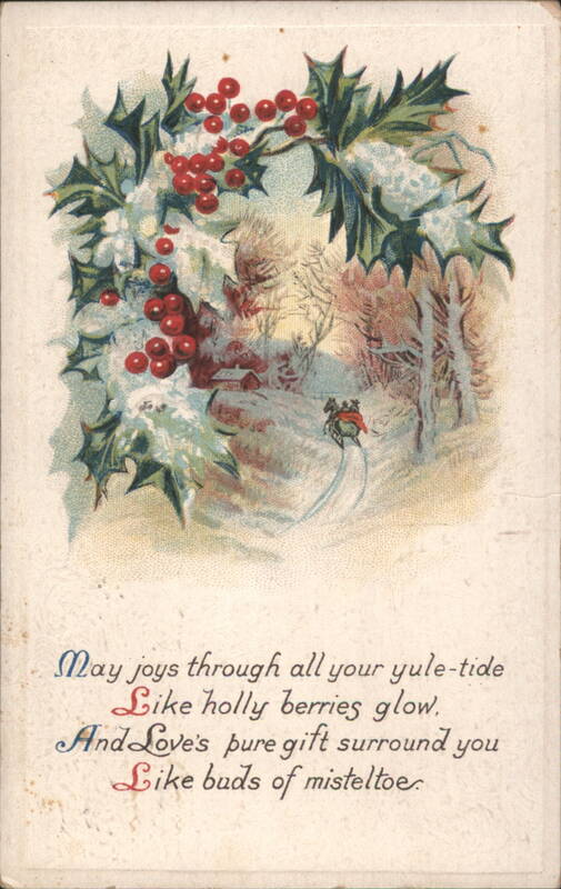 Christmas Holly Wreath & Winter Ski Scene with Holiday Poem