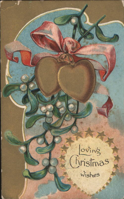 Mistletoe with Red Ribbon, Gold Hearts, and 'Loving Christmas Wishes'
