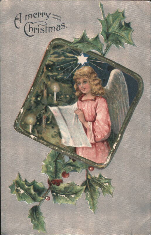 Christmas Angel with Holly & Berries, 'A Merry Christmas' Illustration