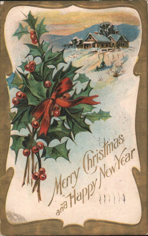 Merry Christmas & Happy New Year with Holly and Snowy Village