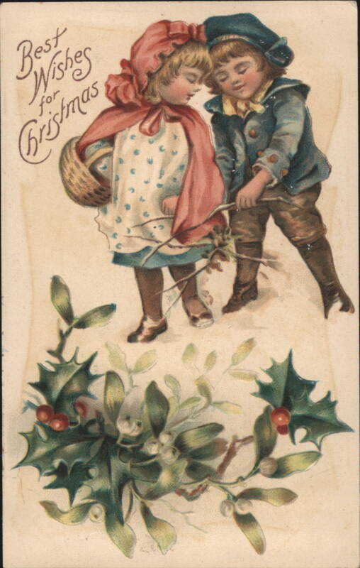 Best Wishes for Christmas with Children, Holly & Mistletoe Illustration