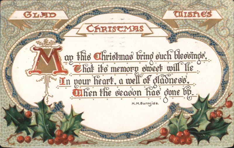 Glad Christmas Wishes Poem with Holly & Berries by H.M. Burnside