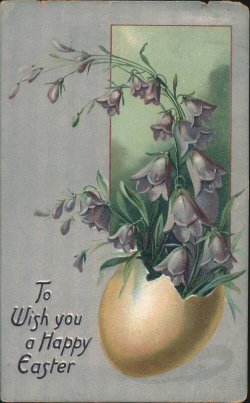 Happy Easter Greeting with Golden Egg and Purple Bell Flowers