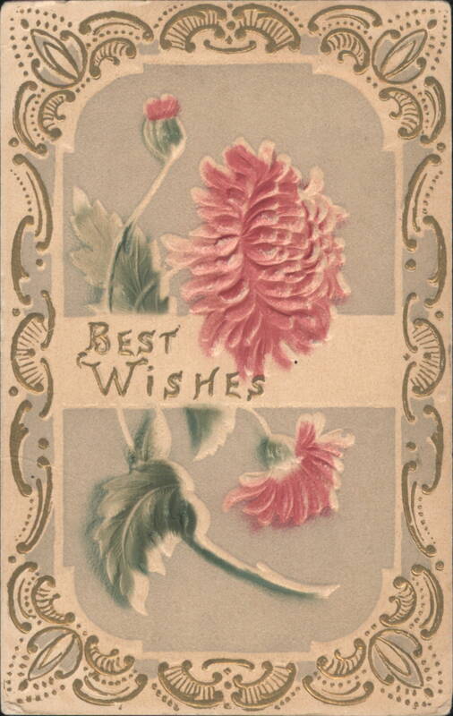 Best Wishes Greeting with Embossed Pink Flowers and Ornate Gold Border