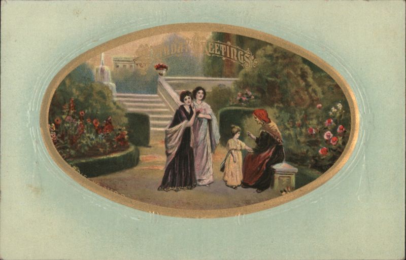 Holiday Greeting: Women and Child in a Lush Garden Scene