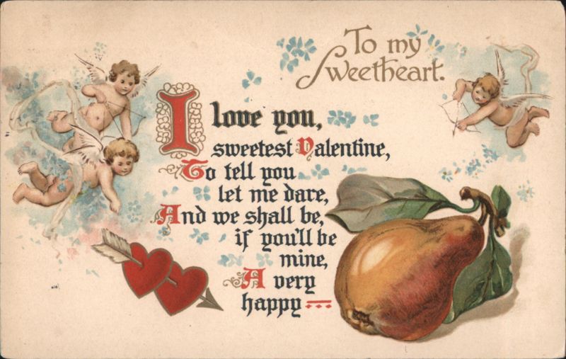 Valentine's Day Cherubs, Hearts, Poem & Pear 'To My Sweetheart'